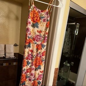 Flower dress, chiffon material, long, criss cross straps in the back